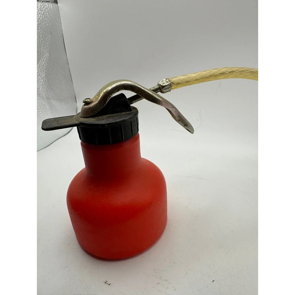 Vintage Red Oil Can Lubricator with Metal Spout‎ and Flexible Tube